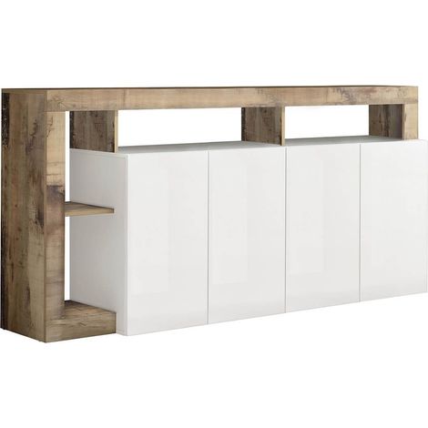 Altobuy – Buffet 4 portes blanc laqué – Encadrement niches aspect bois vieilli – Dimensions 184 x 42 x H93 cm – Design audacieux (1/4)
