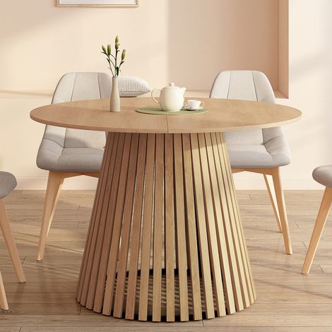 CARMEN Mesa de comedor redonda para 6 personas con patas de listones de madera y tablero de madera de 110 cm