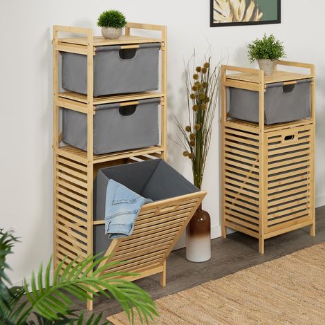Laundry Basket Rack with 2 Drawers, Bamboo Shelf (1/5)