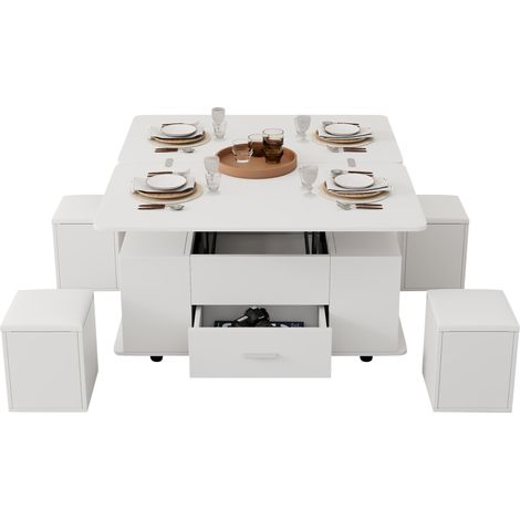 Table basse relevable multifonction 4 en 1, convertible en table à manger 100 x 100 cm, avec 4 tabourets et rangement, blanche - CHICFURN (1/5)