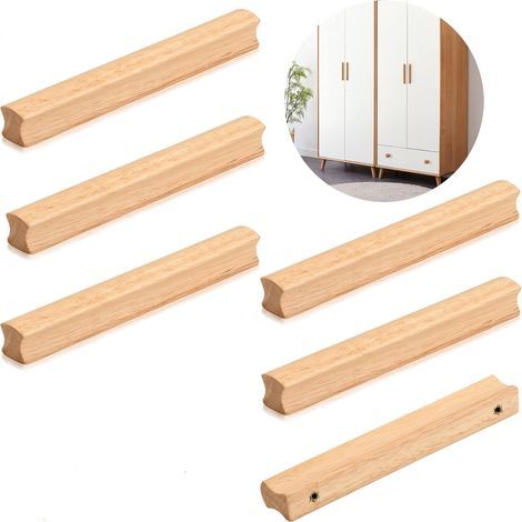 6 Pièces Poignée Meuble Bois, Poignées de Placard en Bois, Hole Distance 160mm, Cuisine Poignées de Tiroir en Bois , Bois Massif Poignee de Meuble, pour Portes, Tiroirs, Armoires (1/5)