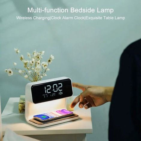 Wecker – Digitaler Wecker – Nachtlicht – Wecker mit Handy-Ladefunktion – Wecker mit kabelloser Ladefunktion – Einstellbare Helligkeit – Nachtlicht – LED – Weiß – LED-Anzeige – Schlafzimmer