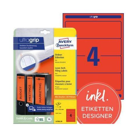AVERY - ZWECKFORM ÉTIQUETTES POUR DOS CLASSEUR, 61 X 192 MM, ROUGE, CONTENU: 80 ÉTIQUETTES SUR 20 FEUILLES A4, POUR IMPRIMANTE À (1/5)
