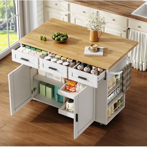 Isola cucina pieghevole 120 x 45(70) x 84 cm, MDF, ruote, prese e USB (1/5)