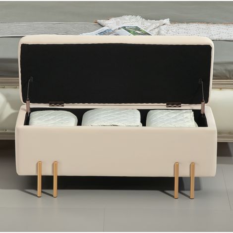 Banc de rangement coffre en effet velours, 100 x 40 x 42 cm, beige HAVRYA (1/5)