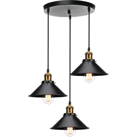 – Lustre suspension vintage 3 têtes en fer noir E27 – Abat-jour Ø22cm – Éclairage décoratif pour salle à manger, bar, café (1/5)