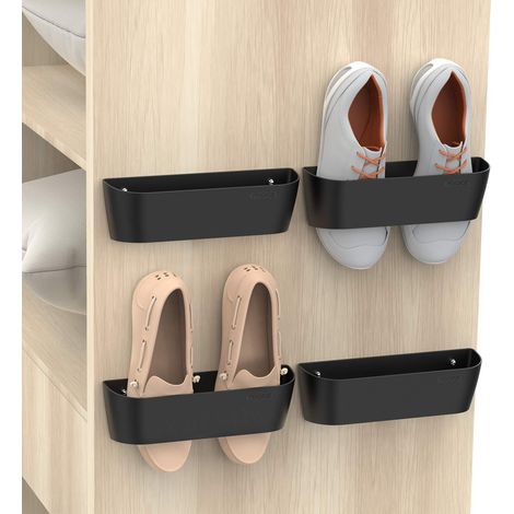 Lot de 4 étagères à chaussures murales avec bandes de suspension adhésives, support de chaussures en plastique, cintres de porte (SM03-Noir-4) (1/5)