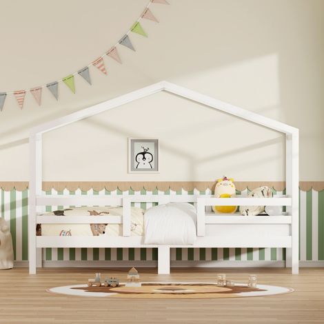 Lit Cabane Enfant 90x200 cm - Design Toit, Barrière Anti-Chute 3 Côtés - Pin Massif - Blanc (1/5)