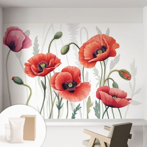 Papier peint intissé avec imprimé pour intérieur moderne application facile a motif - Colle incluse gratuite Coquelicots rouges 152x104 cm (1/5)