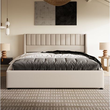 Bett mit Stauraum Leinen Beige 180x200 cm, hydraulisches Polsterbett mit Lattenrost (1/5)