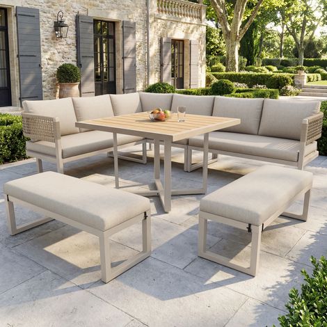Salotto da Giardino 10 Posti in Metallo e Tessuto Impermeabile con Tavolo, 3 Divani, 2 Panche e Cuscini, Beige