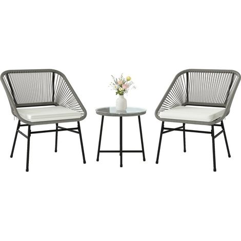 Ensemble extérieur 3 pièces : 1 table et 2 chaises tressées rotin, cadre acier, table café plateau verre, gris foncé (1/5)