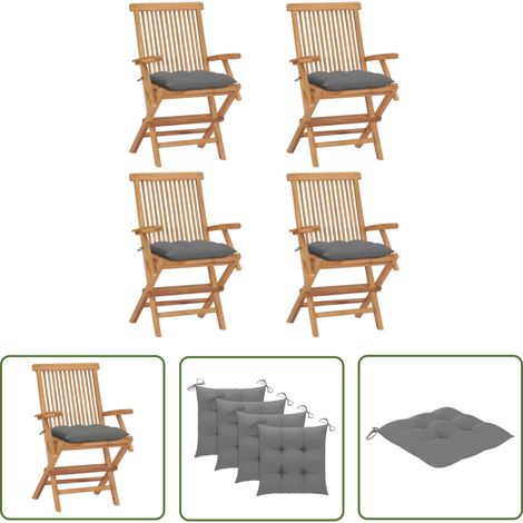 The Living Store Gartenstühle mit Grauen Kissen 4 Stk. Massivholz Teak - Gartenstühle - Teakholzmöbel - Outdoormöbel - Gartenmöbel - Balkonmöbel (1/5)