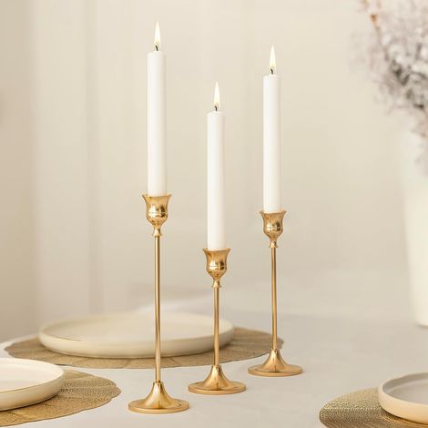 Gold Taper Candle Holder with White Candles – 3 Pack Sturdy Metal Candle Gift Set Durable Long Tapered Candle Decoration for Christmas Dining Table, Centrepiece & Home Décor (1/5)