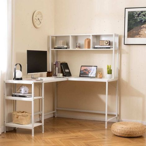 Bureau en L avec bibliothèque, bureau d'angle, bureau de gaming, bureau d'ordinateur - blanc