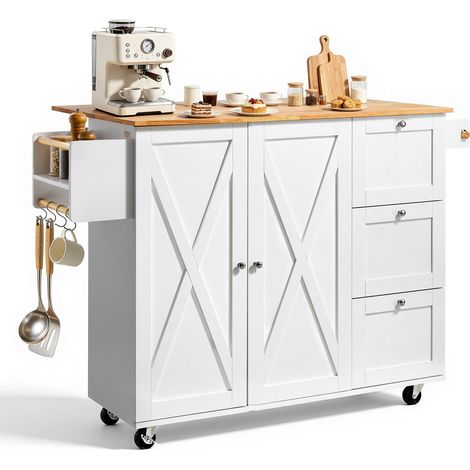 Îlot Central 115x39 cm Desserte de Cuisine à Roulettes 1 Armoire 3 Tiroirs Meuble de Cuisine avec Plan de Travail en Bois Abattant 115x29 cm Porte-Épices Porte-Serviettes Rangement Bar Cuisine (1/5)