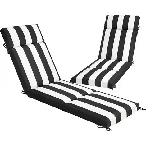 Lotto di 2 cuscini per sedia da esterno con 6 lacci, in cotone, 183 x 54 x 6,5 cm, nero e bianco