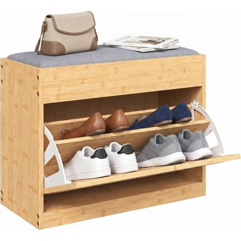 Banc chaussures entrée, banc de rangement en bambou, assise rembourrée, porte en rotin et étagère réglable, bois naturel