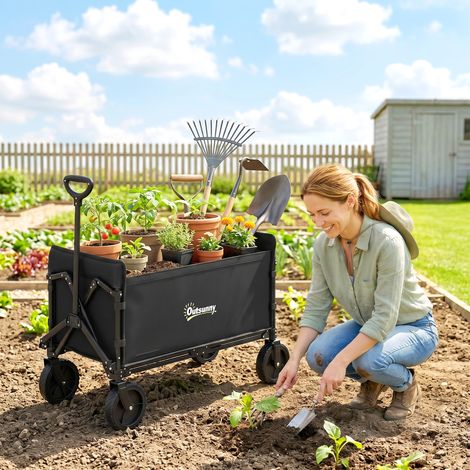 Chariot de jardin pliable 180L avec panneau ouvrant, acier et polyester, 90x48x62 cm, noir (1/5)