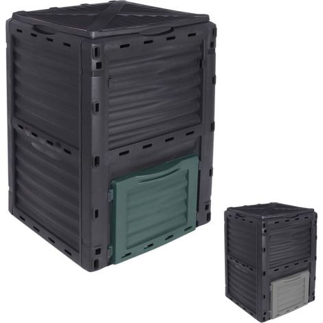 Linxor – Composteur de jardin 300 L en polypropylène – Couleur noire avec trappe verte – Résistant aux intempéries – Aération pour décomposition rapide (1/5)