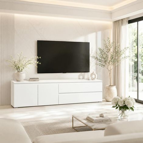 Long meuble TV blanc 2 portes 2 tiroirs ALVA (1/4)