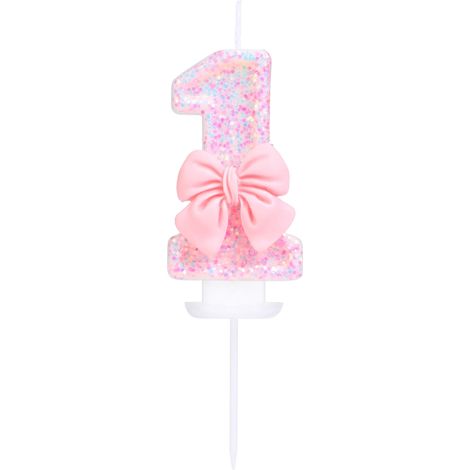 Bougie d'anniversaire en forme de chiffre 1 rose pailleté avec nœud 3D pour fille et femme - Thème pastel doux - 1er anniversaire de mariage - Décoration de gâteau (1/5)