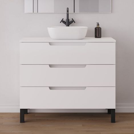 Meuble de salle de bain 90cm avec plateau et vasque à poser arrondie - sans miroir - 3 tiroirs - blanc mat - RIZA (1/5)