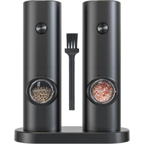 Ensembles de Moulin à Sel et Poivre Electrique,Moulin a Poivre avec Base,Petite Brosse,Lumière LED,Alimenté par 4 Piles AAA (non incluses),Finesse de Broyage Réglable (Noir-Batterie) (1/5)