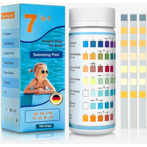 7 in 1 Tester for Pool Water and Spa, 100 Pieces Swimming Pool Strips, Pool and Spa Tester, Bromine Total Alkalinity and pH, Total Hardness (1/5)