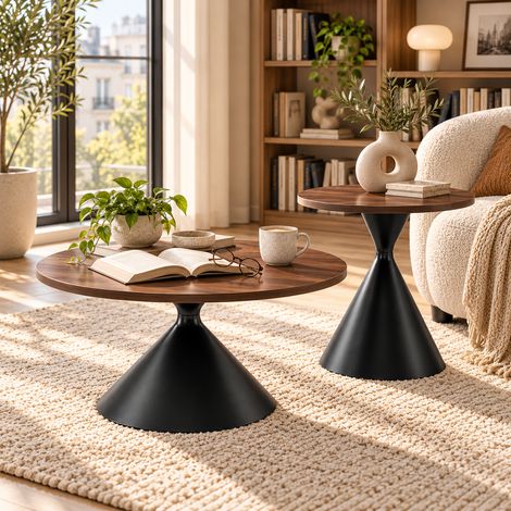 Ensemble de 2 tables basses et tables d'appoint aspect noyer – Tables rondes de salon 70/50 cm, plateau en mélamine, structure en acier laqué noir, pour salon, séjour et café (1/5)