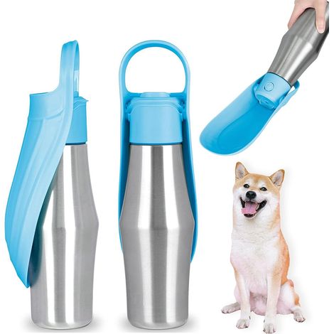 Tragbare Hunde-Wasserflasche mit Spender, 750 ml Edelstahl-Reisebecher und faltbarer Wassernapf für Outdoor-Aktivitäten, Spaziergänge, Wanderungen und Autoreisen (Hellblau) (1/5)