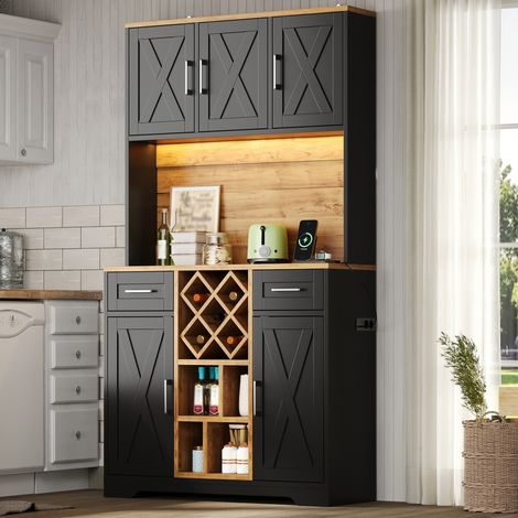 Mueble de cocina alto con LED, botellero, 105 x 40 x 180 cm, MDF, natural y negro DESVIAE (1/5)