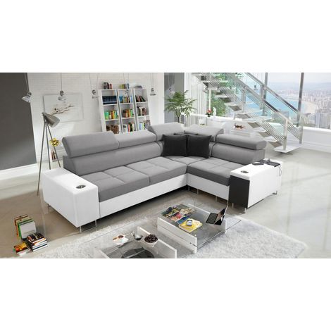 Elegantes Ecksofa mit Konsole und Ladegerät MORENA II Kunstleder/Sawana Weiß/Grau Links (1/5)
