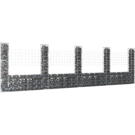 Panier de gabion Mur en gabion Clôture de gabion en forme de U avec 5 poteaux Fer 500x20x150 cm 53484 (1/5)