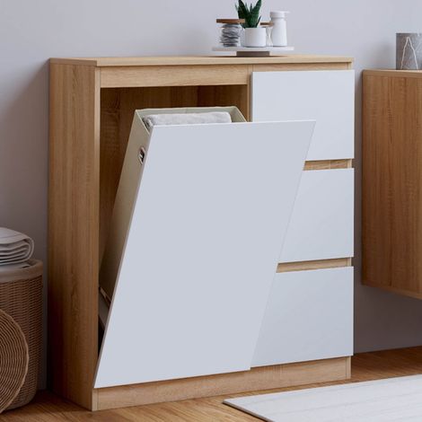 Mueble de baño TOMI de 1 puerta con cesto extraíble y 3 cajones de haya blanca (1/5)
