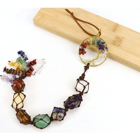Chakra-Steine Lebensbaum-Ornament, natürliche Heilung, 7 Chakra-Kristall-Hängeornament für Autofenster, Auto, Zuhause, Yoga-Dekor (original vergoldeter Kupferbiegestil) (1/5)