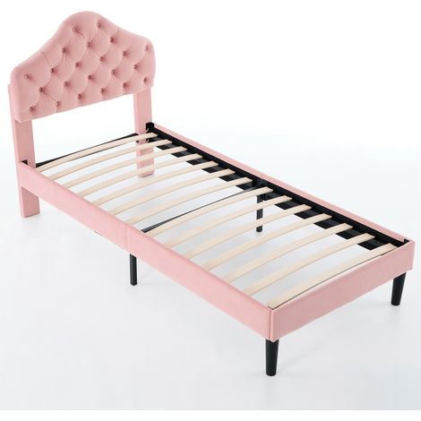 Lit plateforme capitonné 2 personnes, tête de lit ajustable, velours rose, sommier à lattes bois inclus, montage simple, sans boxspring, dimensions 90x200 cm, DE601090PK (1/5)