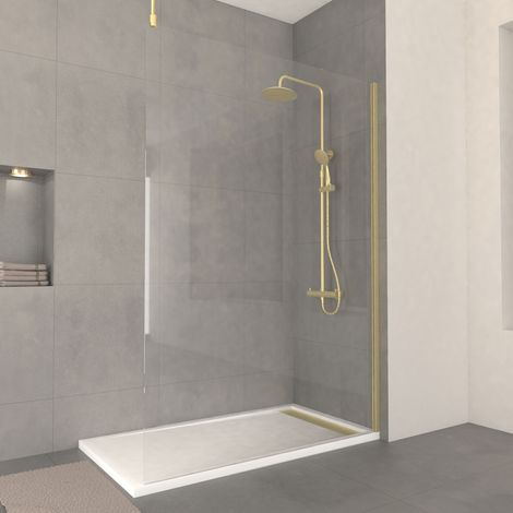 paroi de douche 140x200cm verre 8mm - profilé + barre plafond finition or brossé - freedom 2 gold (1/5)