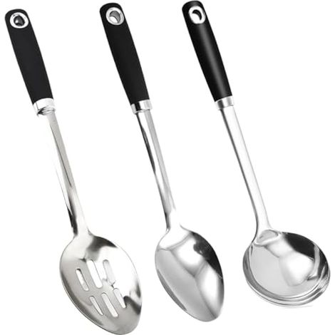 Lot de 3 ustensiles de cuisine en acier inoxydable très résistants de 45,6 cm, grandes cuillères de service de 35,6 cm, cuillère à fente, cuillère de cuisine et louche à soupe, ensemble d'ustensiles (1/5)