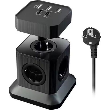 TP-VE5U4E European cube power strip with 4 sockets, 5 USB ports, 20W fast-charge, 2m cable, overload protection (1/4)