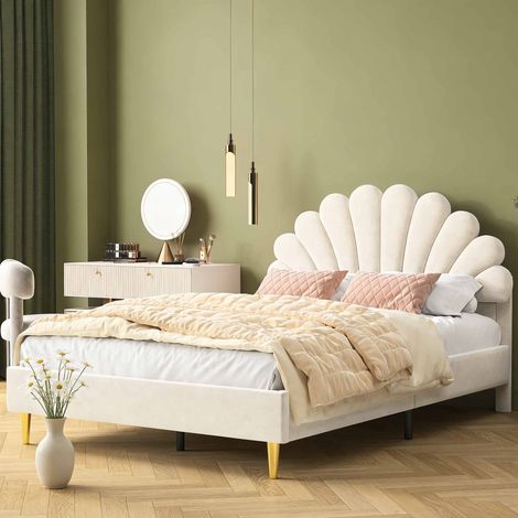 Cama de adulto 140x200cm – Cama doble – Cabecero con forma de pétalo – Comodidad romántica – Ambiente elegante – Base de láminas – Terciopelo beige (1/4)