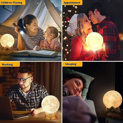 lampe de lune, Lighting Moon Lamp clair de lune lumière de la lune Lumière de nuit pour enfants 3 couleurs LED Support de bois Contrôle à distance et tactile pour les filles 15 cm (1/4)