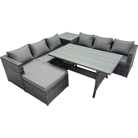 Fimous 7 Seater Outdoor Corner Sofa Dining Table Set Garden Rattan Furniture Set with Side Table Big Stool Dark Grey (1/5)