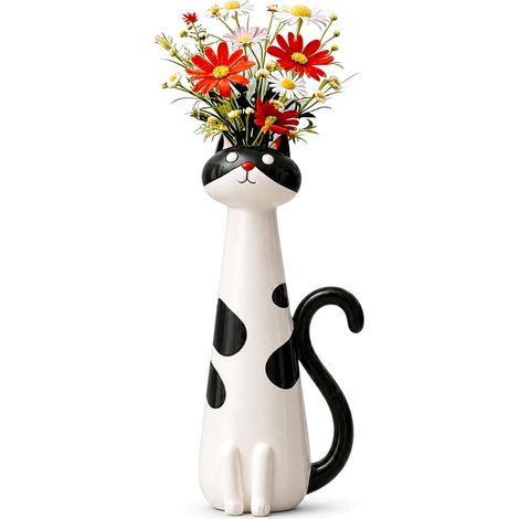 Vase insolite en forme de chat fabriqué à la main - 18 cm - Pot de fleurs mignon et amusant pour petites fleurs, bureau, étagère, décoration d'intérieur, cadeau unique pour les amateurs de chats (noir (1/5)