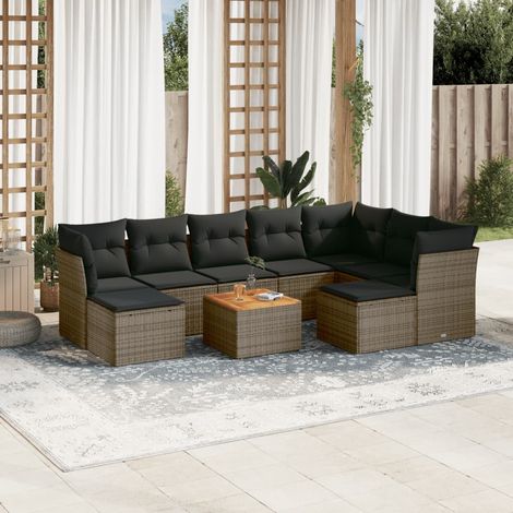 Canapé Jardin Modulaire 6 Places Gris Résine Tressée avec Coussins et Table Acacia  Ensemble Salon Extérieur Complet (1/3)