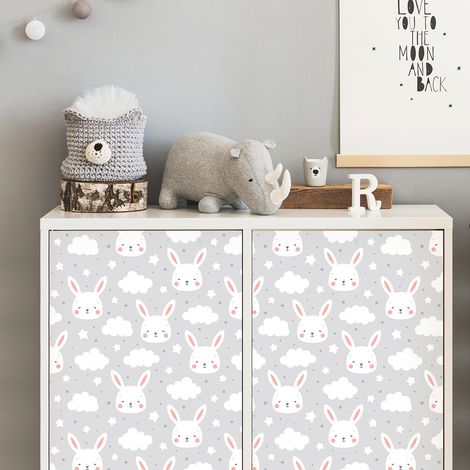 Sticker meuble enfant lapins têtes dans les nuages 40 x 60 cm