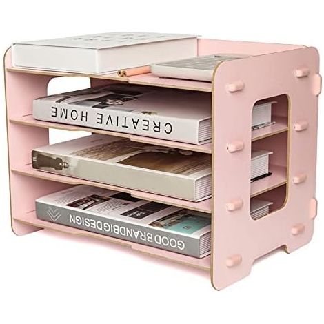Organiseur De Fichiers En Bois 4 Niveaux Pour Rangement De Bureau, Fournitures, Devoirs D'étudiant, Travail Scolaire, Cahier, Lettres Et Magazines, Stationnaire, Décoration Bricolage (Rose) (1/5)