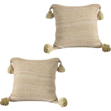 Ensemble de 2 housses de coussin à pompons faites main, convenant pour canapé, lit de jour et salon. (1/4)