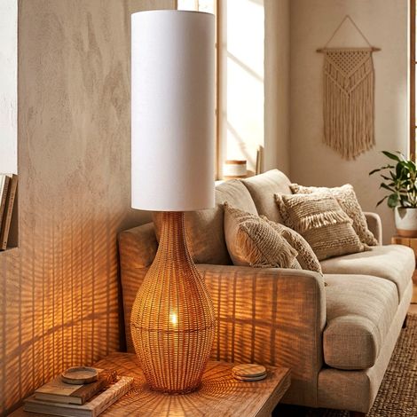Lampadaire aspect rotin brun Boho Lampadaire textile Lampe de salon blanche Lampe d'appoint, plastique, 2x E27, DxH 27 x 125 cm (1/5)