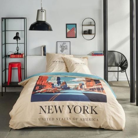 Sábanas - HOY - JAVA - 2 personas - 240x220 cm - Algodón - Impresión Nueva York - Beige (1/4)